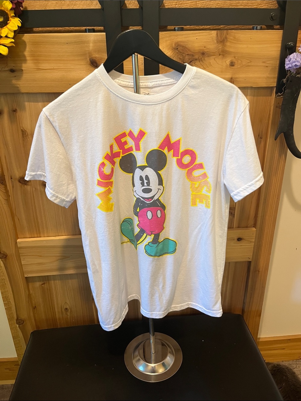 Disney White Mickey Mouse Tee with Pink, Yellow, Green and Blue Accents